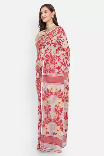Bengal Handloom Soft Lata Dhakai Saree (White Red) Without Blouse
