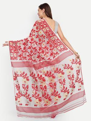 Bengal Handloom Soft Lata Dhakai Saree (White Red) Without Blouse 3
