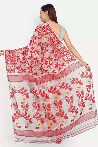 Bengal Handloom Soft Lata Dhakai Saree (White Red) Without Blouse