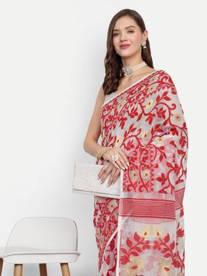 Bengal Handloom Soft Lata Dhakai Saree (White Red) Without Blouse 4
