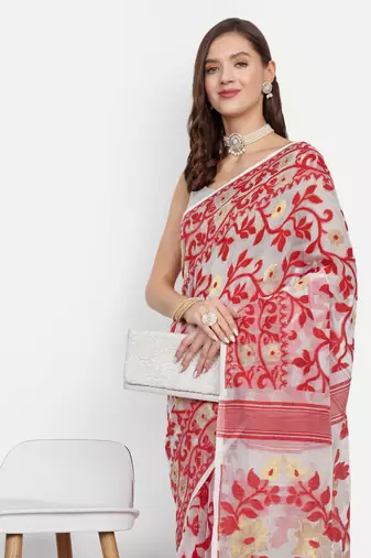 Bengal Handloom Soft Lata Dhakai Saree (White Red) Without Blouse