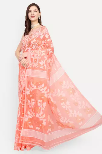 Bengal Handloom Soft Lata Dhakai Saree (Cream) Without Blouse