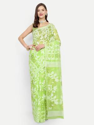 Bengal Handloom Soft Lata Dhakai Saree (Green) Without Blouse 1