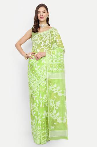 Bengal Handloom Soft Lata Dhakai Saree (Green) Without Blouse