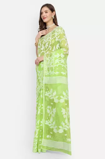 Bengal Handloom Soft Lata Dhakai Saree (Green) Without Blouse