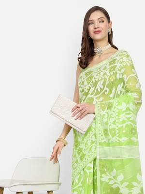Bengal Handloom Soft Lata Dhakai Saree (Green) Without Blouse 4