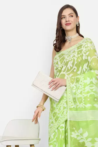 Bengal Handloom Soft Lata Dhakai Saree (Green) Without Blouse