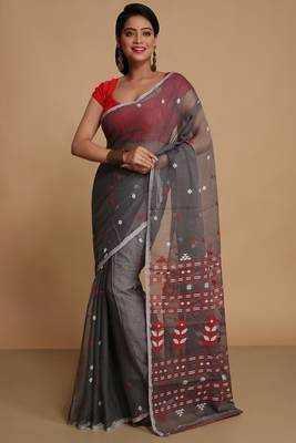Women'S Cotton Silk Dhakai Softs Flower Tree Jamdani Sarees (Black) Without Blouse 1