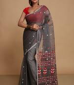 Women'S Cotton Silk Dhakai Softs Flower Tree Jamdani Sarees (Black) Without Blouse