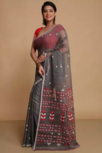 Women'S Cotton Silk Dhakai Softs Flower Tree Jamdani Sarees (Black) Without Blouse