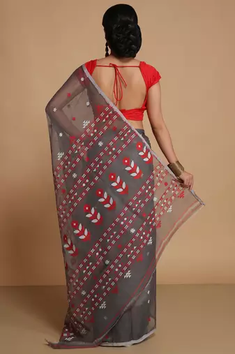 Women'S Cotton Silk Dhakai Softs Flower Tree Jamdani Sarees (Black) Without Blouse
