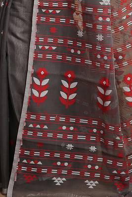 Women'S Cotton Silk Dhakai Softs Flower Tree Jamdani Sarees (Black) Without Blouse 4