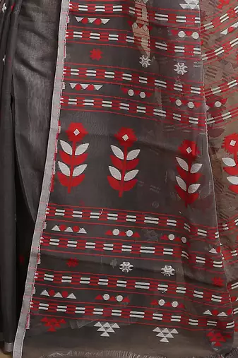 Women'S Cotton Silk Dhakai Softs Flower Tree Jamdani Sarees (Black) Without Blouse