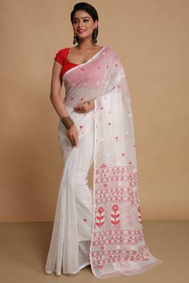 Women'S Cotton Silk Dhakai Softs Flower Tree Jamdani Sarees (White) Without Blouse 1