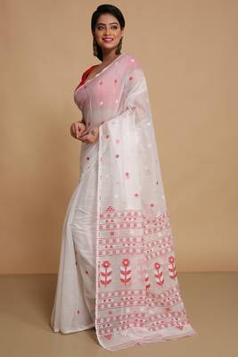 Women'S Cotton Silk Dhakai Softs Flower Tree Jamdani Sarees (White) Without Blouse 2