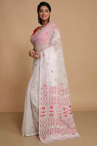 Women'S Cotton Silk Dhakai Softs Flower Tree Jamdani Sarees (White) Without Blouse