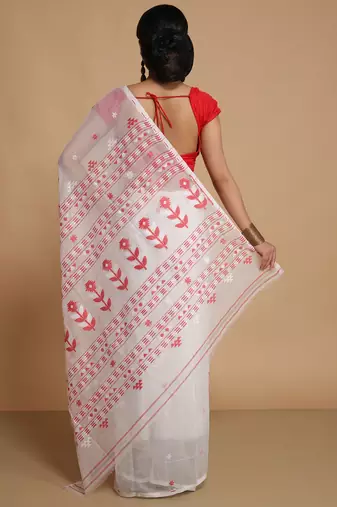 Women'S Cotton Silk Dhakai Softs Flower Tree Jamdani Sarees (White) Without Blouse