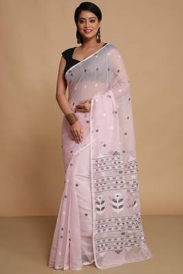 Women'S Cotton Silk Dhakai Softs Flower Tree Jamdani Sarees (Pink) Without Blouse 2