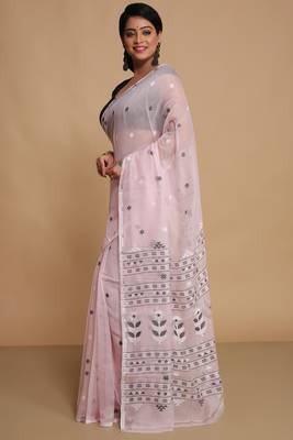 Women'S Cotton Silk Dhakai Softs Flower Tree Jamdani Sarees (Pink) Without Blouse 3