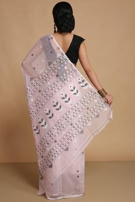 Women'S Cotton Silk Dhakai Softs Flower Tree Jamdani Sarees (Pink) Without Blouse 4