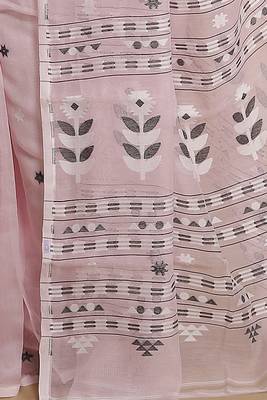 Women'S Cotton Silk Dhakai Softs Flower Tree Jamdani Sarees (Pink) Without Blouse 5