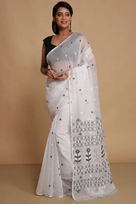 Women'S Cotton Silk Dhakai Softs Flower Tree Jamdani Sarees (White Black) Without Blouse 1