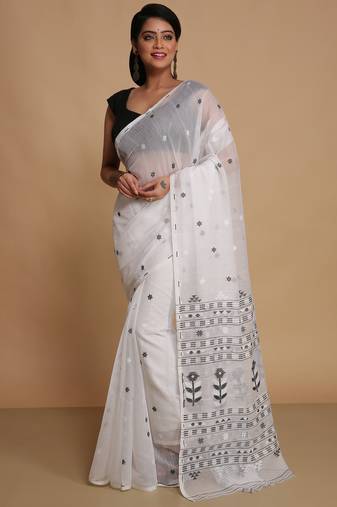 Women'S Cotton Silk Dhakai Softs Flower Tree Jamdani Sarees (White Black) Without Blouse