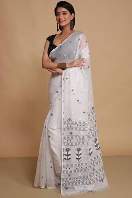 Women'S Cotton Silk Dhakai Softs Flower Tree Jamdani Sarees (White Black) Without Blouse 2