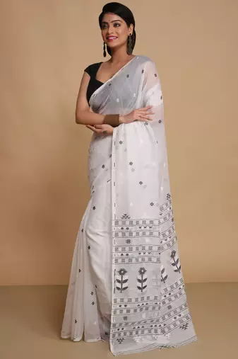 Women'S Cotton Silk Dhakai Softs Flower Tree Jamdani Sarees (White Black) Without Blouse