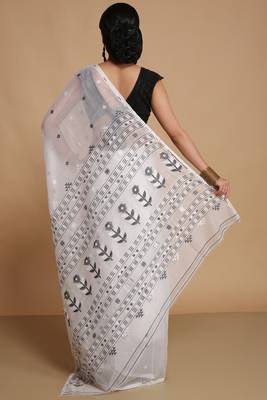 Women'S Cotton Silk Dhakai Softs Flower Tree Jamdani Sarees (White Black) Without Blouse 3