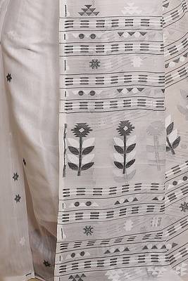 Women'S Cotton Silk Dhakai Softs Flower Tree Jamdani Sarees (White Black) Without Blouse 4