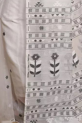 Women'S Cotton Silk Dhakai Softs Flower Tree Jamdani Sarees (White Black) Without Blouse