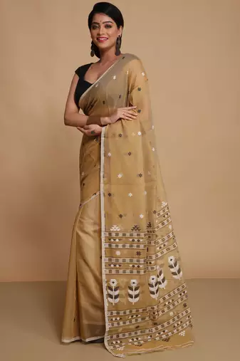 Women'S Cotton Silk Dhakai Softs Flower Tree Jamdani Sarees (Beige) Without Blouse
