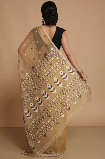 Women'S Cotton Silk Dhakai Softs Flower Tree Jamdani Sarees (Beige) Without Blouse