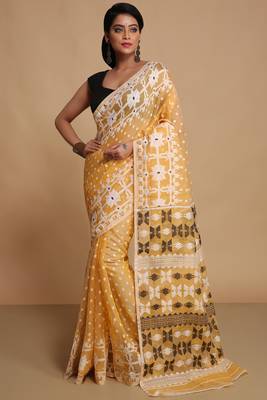 Women'S Cotton Silk Dhakai Softs Vojadi Dhakai Jamdani Sarees (Yellow) Without Blouse 1