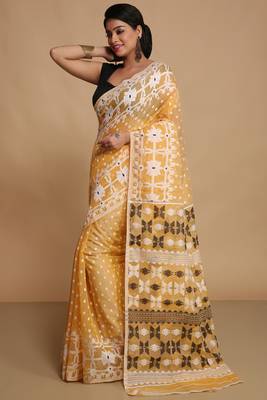 Women'S Cotton Silk Dhakai Softs Vojadi Dhakai Jamdani Sarees (Yellow) Without Blouse 2