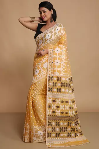 Women'S Cotton Silk Dhakai Softs Vojadi Dhakai Jamdani Sarees (Yellow) Without Blouse