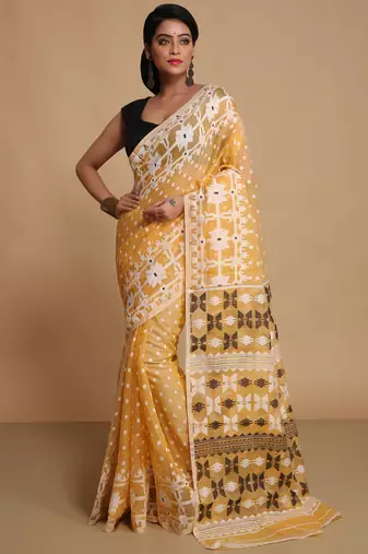 Women'S Cotton Silk Dhakai Softs Vojadi Dhakai Jamdani Sarees (Yellow) Without Blouse