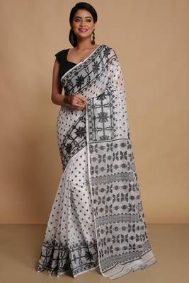 Women'S Cotton Silk Dhakai Softs Vojadi Dhakai Jamdani Sarees (White Black) Without Blouse 1
