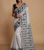 Women'S Cotton Silk Dhakai Softs Vojadi Dhakai Jamdani Sarees (White Black) Without Blouse