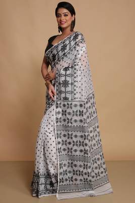 Women'S Cotton Silk Dhakai Softs Vojadi Dhakai Jamdani Sarees (White Black) Without Blouse 2