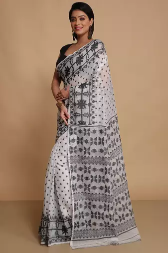 Women'S Cotton Silk Dhakai Softs Vojadi Dhakai Jamdani Sarees (White Black) Without Blouse