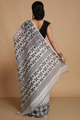 Women'S Cotton Silk Dhakai Softs Vojadi Dhakai Jamdani Sarees (White Black) Without Blouse 3