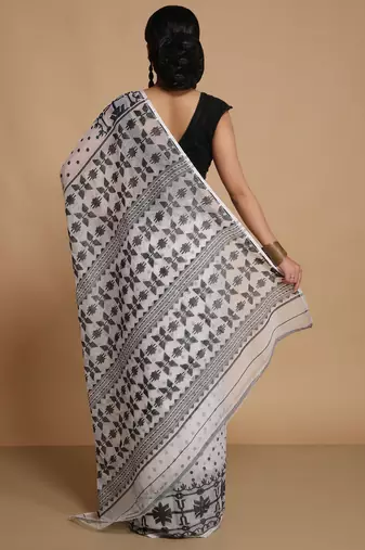 Women'S Cotton Silk Dhakai Softs Vojadi Dhakai Jamdani Sarees (White Black) Without Blouse