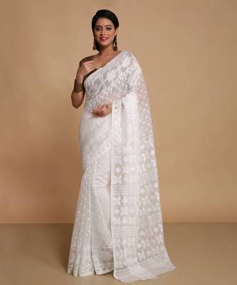 Women'S Cotton Silk Dhakai Softs Vojadi Dhakai Jamdani Sarees (Wite White) Without Blouse 1