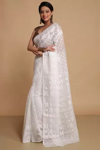 Women'S Cotton Silk Dhakai Softs Vojadi Dhakai Jamdani Sarees (Wite White) Without Blouse