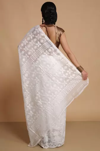 Women'S Cotton Silk Dhakai Softs Vojadi Dhakai Jamdani Sarees (Wite White) Without Blouse