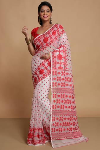Women'S Cotton Silk Dhakai Softs Vojadi Dhakai Jamdani Sarees (White Red) Without Blouse