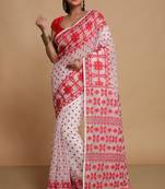 Women'S Cotton Silk Dhakai Softs Vojadi Dhakai Jamdani Sarees (White Red) Without Blouse