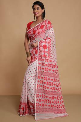Women'S Cotton Silk Dhakai Softs Vojadi Dhakai Jamdani Sarees (White Red) Without Blouse 2